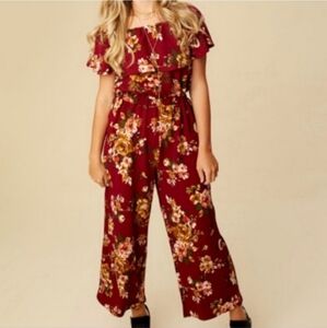 Altar'd State Red and Pink Floral Jumpsuit with Ruffle Sleeves Size M